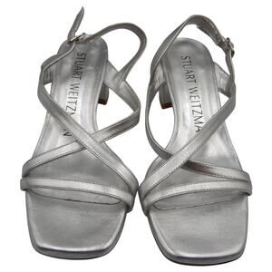 Stuart Weitzman Oasis 50 Sling Back Block Heels Sandals Metallic Silver Size 5B